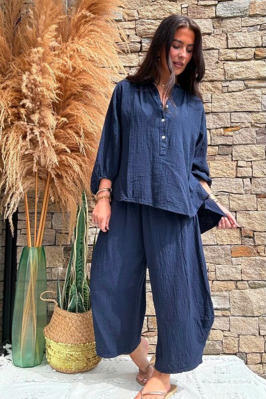 Annie Cushion Cotton Barrel Culotte Pant Navy